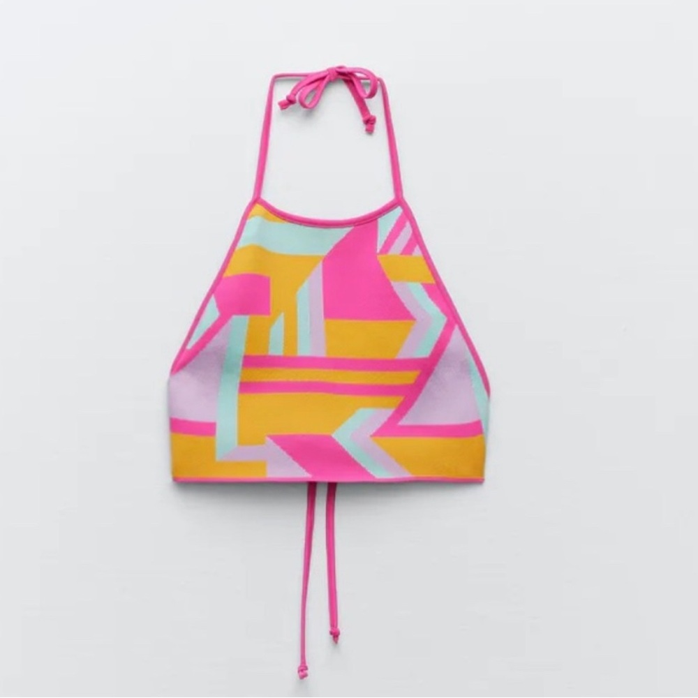 Zara Pink Yellow Mint Geometric Crop Halter Top